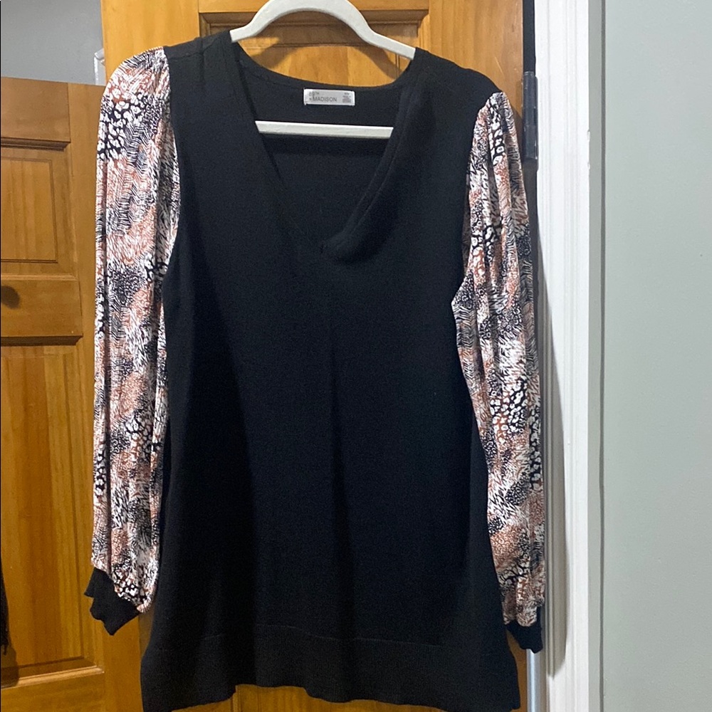 Chic Black Top with Patterned Bell Sleeves